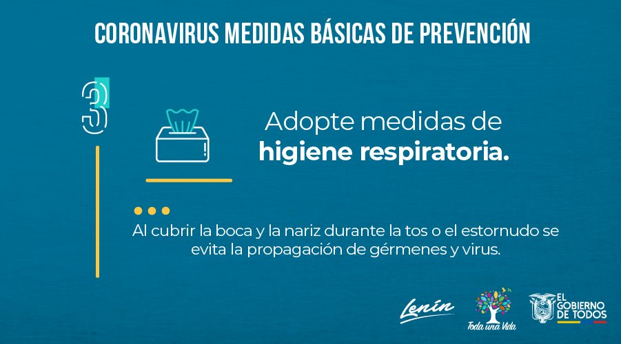 Educacion_Ec's tweet photo. #PrevenciónEsSalud | Sigue estas recomendaciones básicas de prevención: 

✅ Cúbrete la boca al toser y estornudar con pañuelos desechables o el ángulo interno del codo.

Más información sobre el #COVID19 ▶️ https://t.co/bGpcWFw2Ep

#CoronavirusEnEcuador #Covid_19 https://t.co/cIJaM0FGff