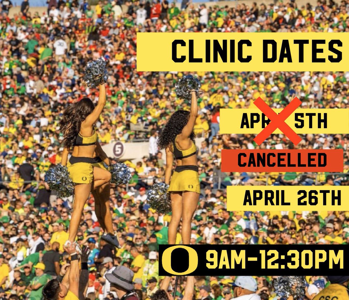 Due to the ongoing outbreak of the Coronavirus, we will be cancelling our clinic on April 5th. Thank you for bearing with us through this time, hoping everyone stays healthy! #goducks 💛💚