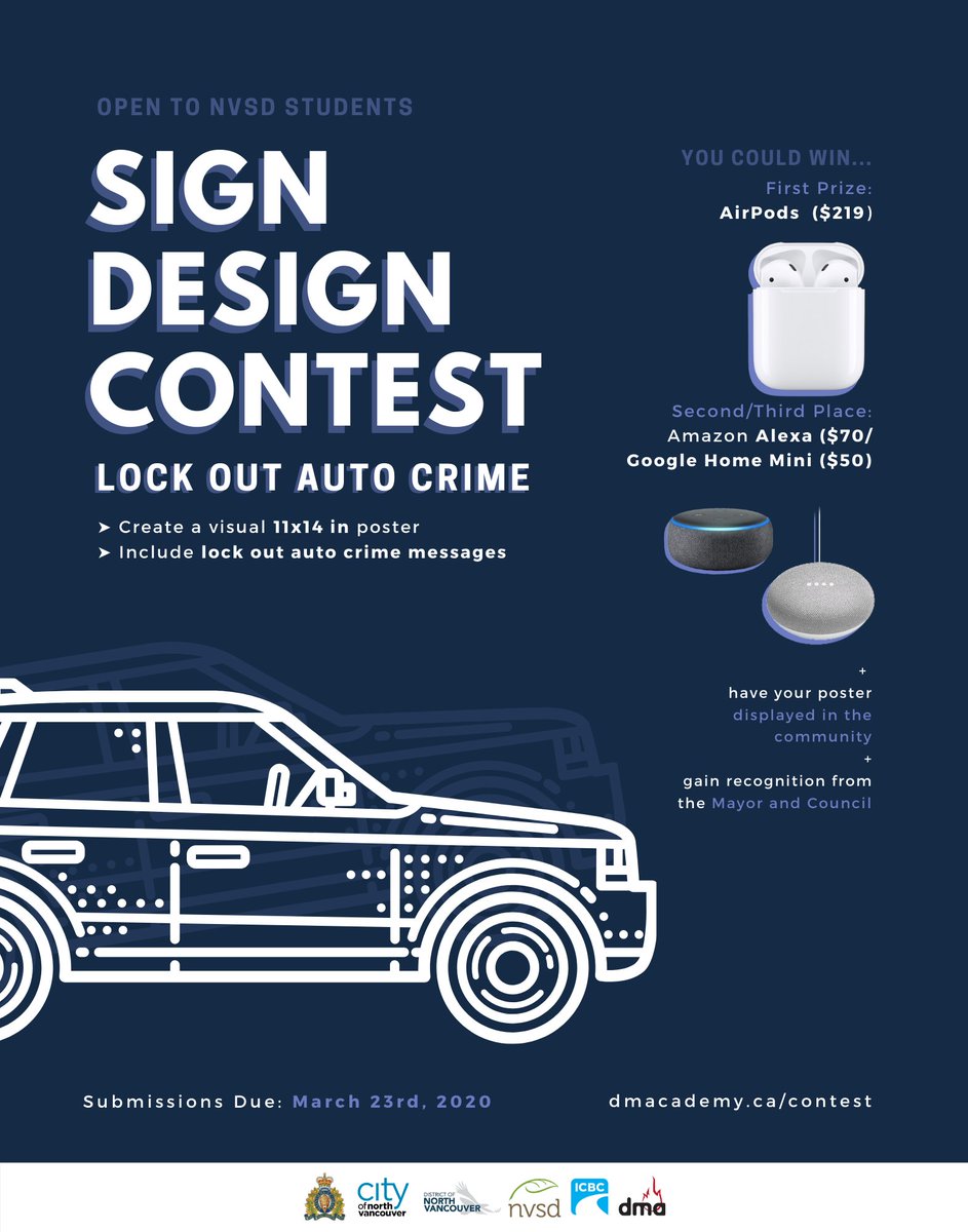 RoadSafetyHarv's tweet image. With Spring Break around the corner, @NVSD44 high school students don't forget to get your entries in!  #NorthVan remember to keep those valuables out of sight: 📱💻🧰💳💰🕶️🔑 #LockOutAutoCrime Thanks @DMAnvsd @SRMediaAndrew for your efforts! info: dmacademy.ca/contest/