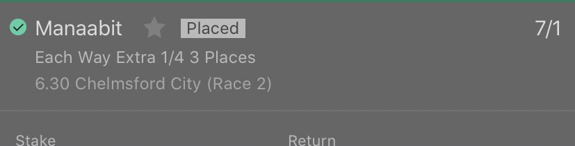 DBTips1's tweet image. Both outsiders placed at Chelmsford, not tipped on here but in the Telegram group🐎