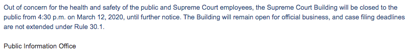 BREAKING: The Supreme Court is closing down to public today until further notice "out of concern for the health and safety of the public and Supreme Court employees," the court said.

It will remain open for official business.

Unclear what this means for args beginning 3/23.