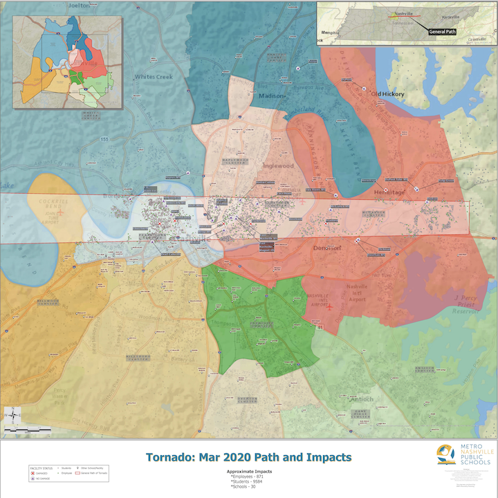 MetroSchools's tweet photo. Approximately 9,584 MNPS students and 871 employees live in the March 3 tornado's path of impact. How a map pinpointing student and staff homes helped our Metro Schools staff mobilize and offer assistance. https://t.co/wji9fLK2Pu #mnpsstrong #nashvillestrong https://t.co/bBytvJYfC7