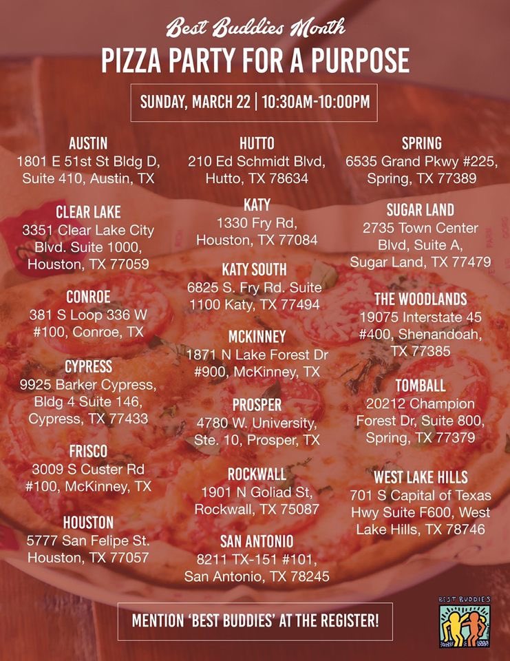 March is Best Buddies Month!! We’re having a spirit night at the Katy location Sunday the 22nd!!!! 20% of all purchases will be donated to local Best Buddies chapters!!! 🍕 💜