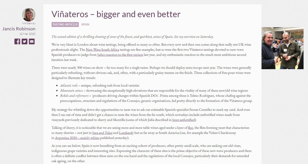 Couldn't be more chuffed with <a href="/JancisRobinson/">Jancis Robinson</a> initial report on <a href="/vinaterosLDN/">Viñateros!</a> "every now and then [a tasting] comes along that really sets UK wine professionals alight" Full article: jancisrobinson.com/articles/vinat…