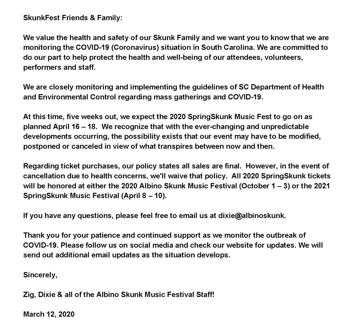 Update about the 2020 SpringSkunk Music Fest