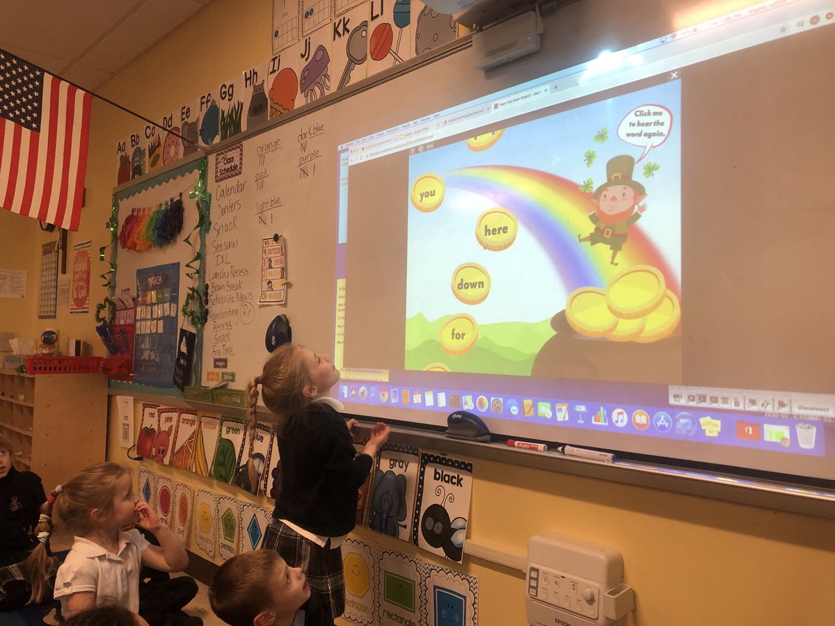 MissLollino's tweet photo. Lots of fun this afternoon using our interactive whiteboard! Students had to quickly tap on the gold coin that matched the word that the leprechaun said! 🍀 #sightwordfun https://t.co/BizLF3kPkS