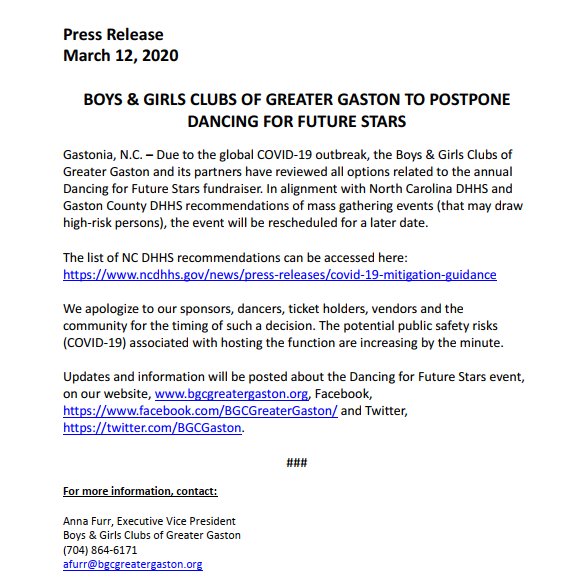 After much consideration and to keep our dancers and guests safe, we have decided to postpone Dancing for Future Stars. Stay tuned for updates. #coronovirus #bgcgg