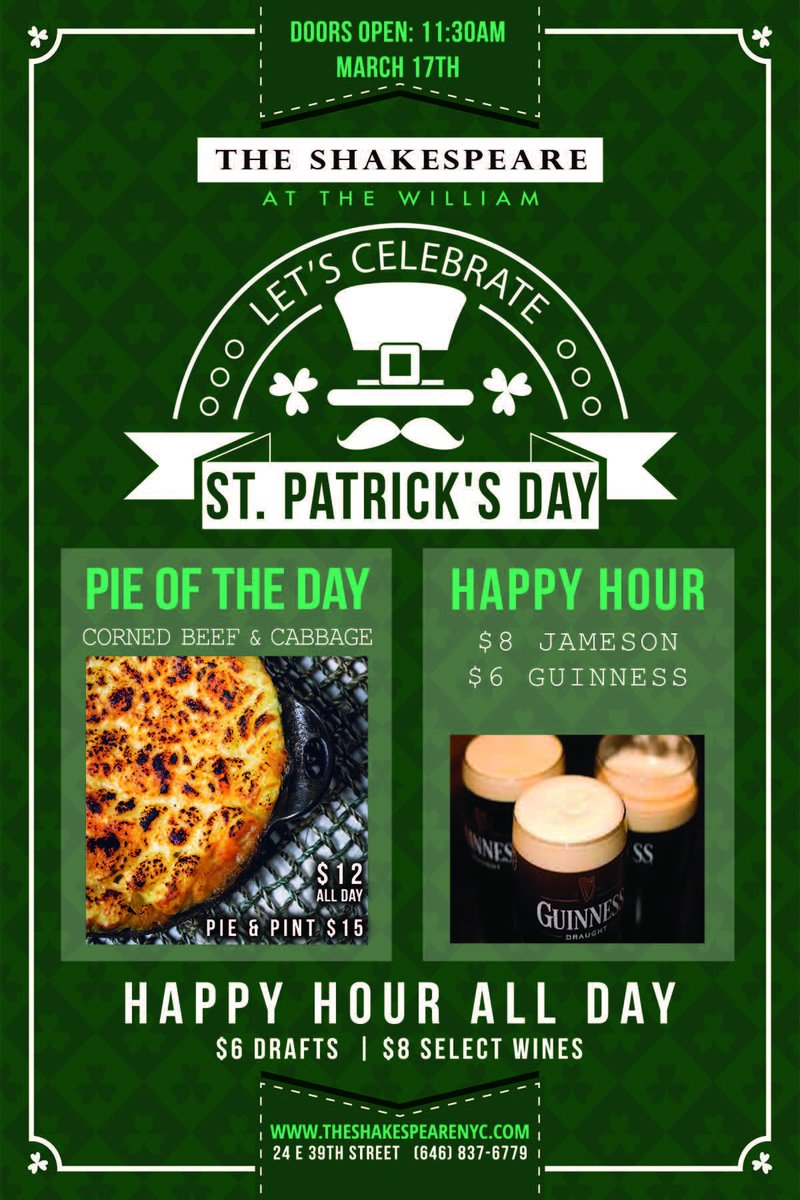Shakespeare_Pub's tweet photo. Feeling festive? Come celebrate St. Patrick's Day with us! ALL DAY HAPPY HOUR, Jameson &amp; Guinness specials, and corned beef and cabbage pie available all day!🍀🍻 #stpatricksday #stpaddysday #GuinnessSixNations #Jameson https://t.co/7uO1OgH2sR