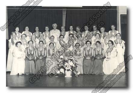 miltonhistsoc's tweet photo. Today's #TMBM is Evening Star Rebekah Lodge #79. This photo is of a 1960’s District Team who installed various officers at different lodges in the district. Seated in the middle is the district deputy May Rusk, to her right and left are marshalls Hazel Bundy and Edna Waldie. https://t.co/OGAQcgsAVg