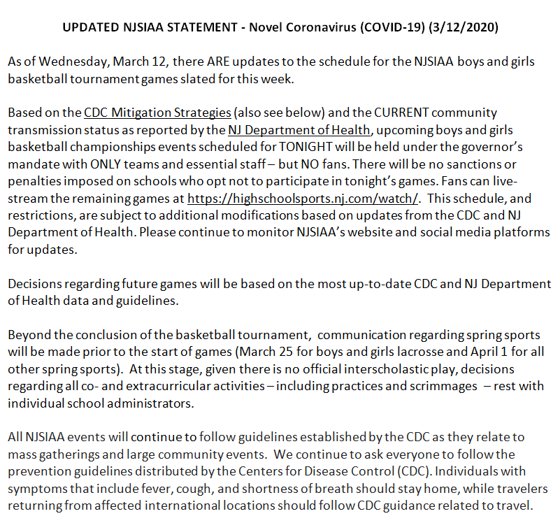 NJSIAA's tweet image. UPDATED NJSIAA STATEMENT - Novel Coronavirus (COVID-19) (3/12/2020)