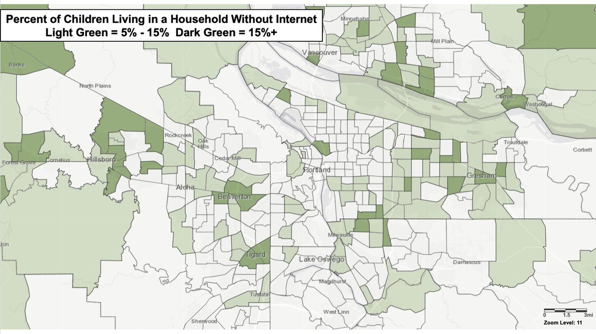Mapping out the kids without home internet access in the Portland region. 

Some hotspots with 15%+:
- Gresham
- Rockwood
- Lents
- Johnson Creek
- Rose Quarter
- Beaverton
- Tigard
- Hillsboro
- Forest Grove
- Camas