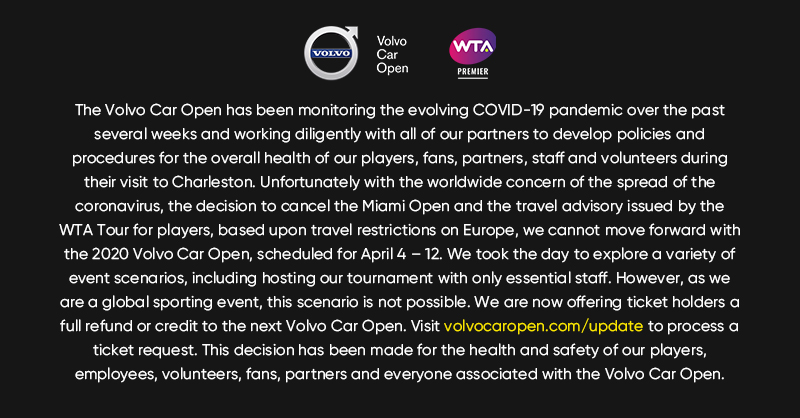 CharlestonOpen's tweet photo. Statement from the #VolvoCarOpen. Please visit https://t.co/xVfAHC5Xr0 for more information. https://t.co/CflrUzSIWQ