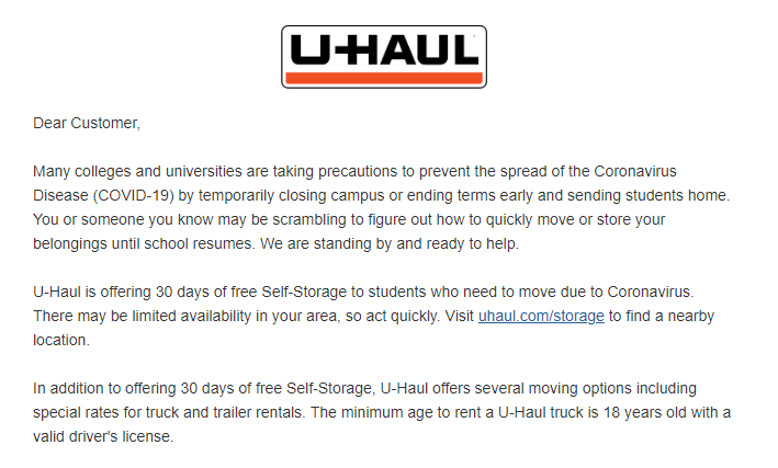 ACPA's tweet photo. RT to spread the word! @uhaul is offering 30 days of free storage to students required to move-out due to COVID-19 #SAChat #SAPro https://t.co/5lW6od5cW5