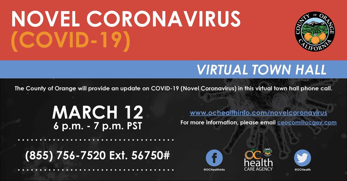 TWWOrangeCounty's tweet photo. OC is virtual regarding Coronavirus from 6-7PM TONIGHT
Call 855-756-7520 Ext.56750# to join in. You can also tune into ochealth’s Facebook page for a live stream.
For more information about Coronavirus, visit https://t.co/vB8rCNNoEd https://t.co/vofNI6m0xh
