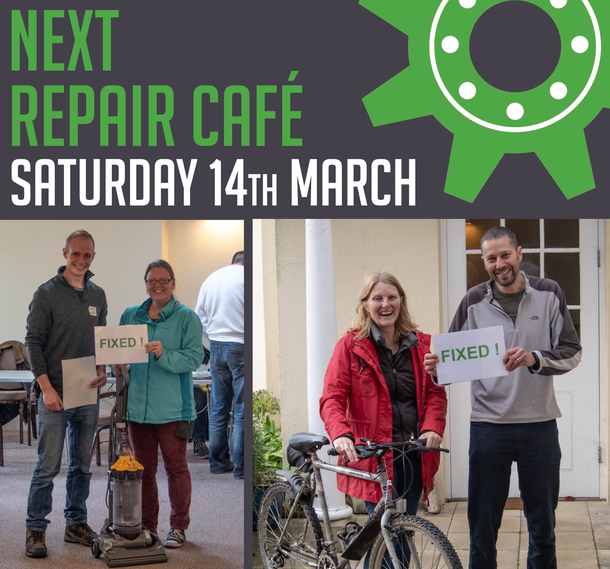 We'll be fixing stuff again this Saturday, 14th March 2020 🛴🔧☂️🎧✂️🔦

Quaker Meeting House, 51 Wilton Road, Salisbury SP2 7EF
🚶‍♂️🚶‍♀️🤸‍♂️🚴‍♀️🚣‍♂️
Doors open at 10am :: last check-in 1.30PM 

Coronavirus / COVID-19 🦠
- Please don't visit the Repair Café if you don't feel 100% fit