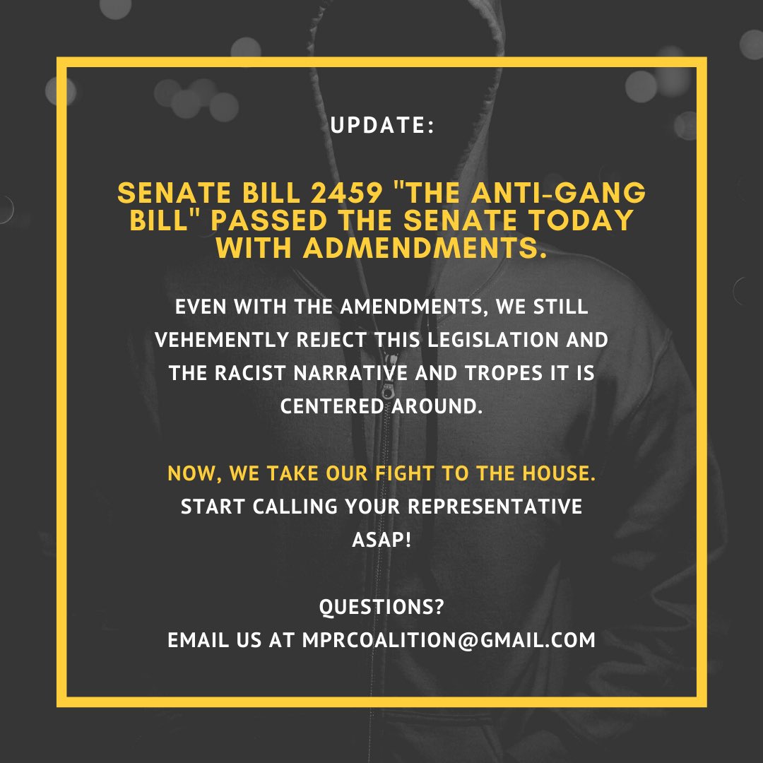 PrisonReformMS's tweet photo. LEGISLATION UPDATE: 
SB 2459 (The Anti-Gang Bill) passed the Senate today. It was amended; however, the bill is still racist legislation and we continue to oppose. 

Time to take the fight to the House! https://t.co/NaaYcfCFid