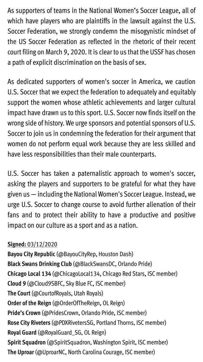 orderofthereign's tweet photo. A response from #NWSLSGs to @ussoccer

#UpThePlaintiffs

cc US Soccer sponsors: @Nike @Allstate @ATT @SCJohnson @POWERADE @Thorne_Research @continentaltire @Spectrum_Brands

Thank you to @CocaCola @VW @Visa @Deloitte @budweiserusa for speaking out already. https://t.co/1xjWhIqszZ