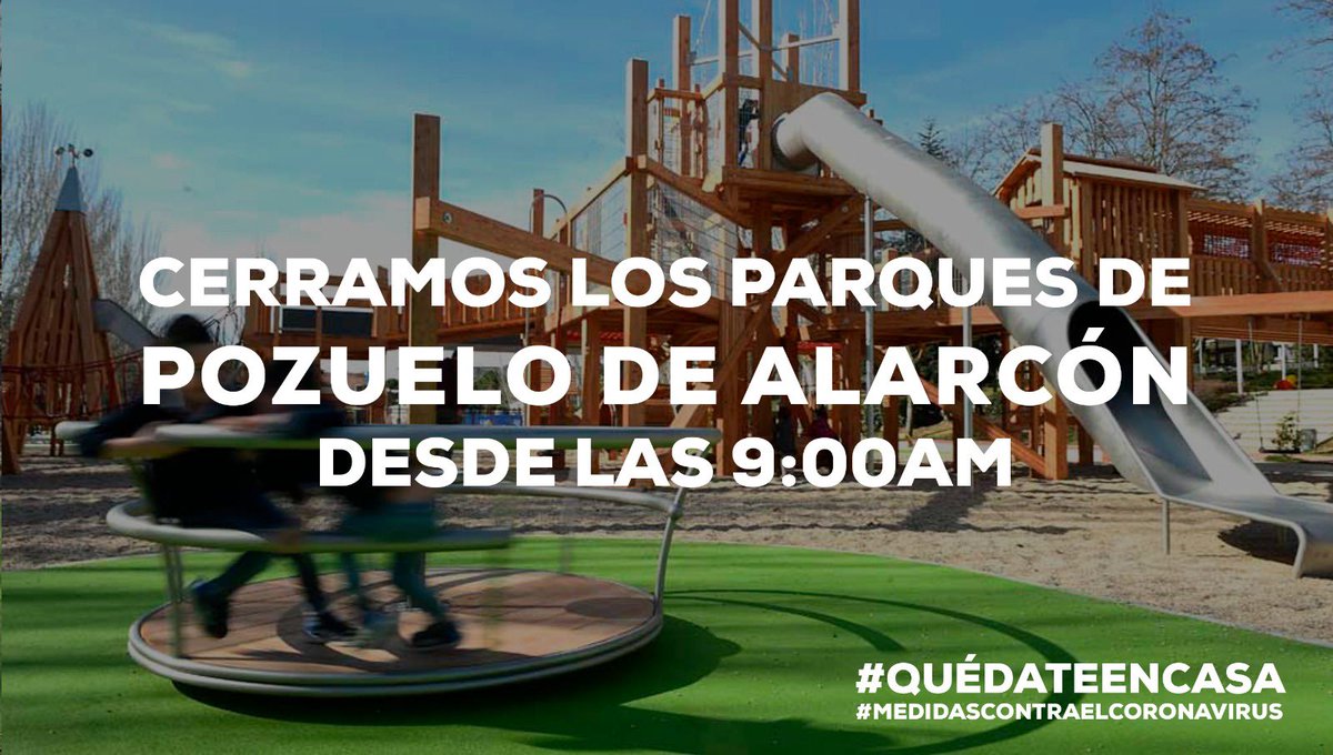 ‼️ Desde mañana viernes a las 9:00h cerramos todos los parques infantiles para sumarnos a la campaña #QuédateEnCasa y evitar que se propague el Coronavirus. Os pido la máxima colaboración. Entre todos haremos que Pozuelo de Alarcón pronto pueda estar libre de Coronavirus. 💪💪