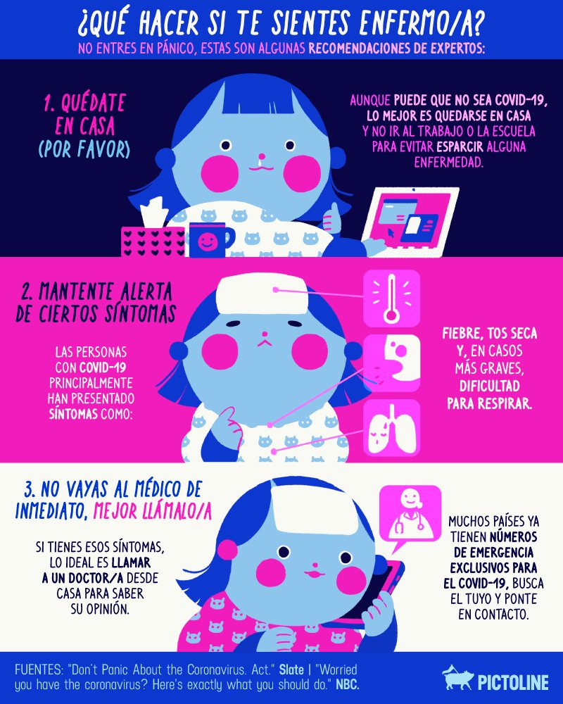 pictoline's tweet photo. ¿Qué hacer si te sientes enfermo/a? 😨
Estas son 3 claras recomendaciones de expertos ante el #COVID19

#Covid_19 https://t.co/x2ockJyh7O