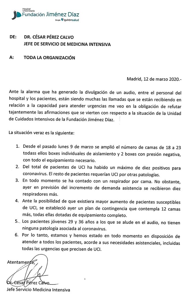 ogomezmartin's tweet photo. Ante un audio que se está difundiendo en el que se miente de forma descarada y se cuentas datos sin fundamento, el jefe de servicio de la UCI de @Hospital_FJD ha remitido esta nota contando la verdad: https://t.co/WDEuCcmdW1