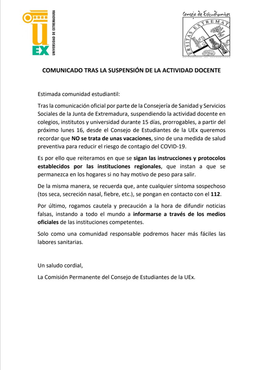 🔴🔴🔴🔴🔴🔴🔴🔴🔴🔴🔴🔴🔴

Comunicado del Consejo de Estudiantes de la UEx en relación a la suspensión de la actividad docente.

🔽🔽