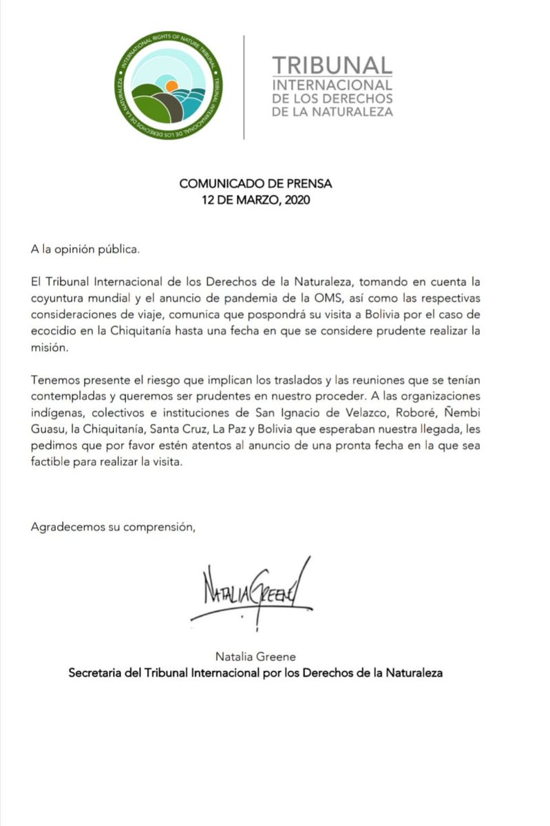 cejis_bolivia's tweet photo. Amigas/os, compartimos el comunicado del Tribunal Internacional de los Derechos de la Naturaleza (#TIDN) informando la postergación de su visita a #Bolivia, por el caso Ecocidio en la #Amazonía y la #Chiquitanía.
#TribunalChiquitanía #SosChiquitanía https://t.co/IZ7tZegnm6