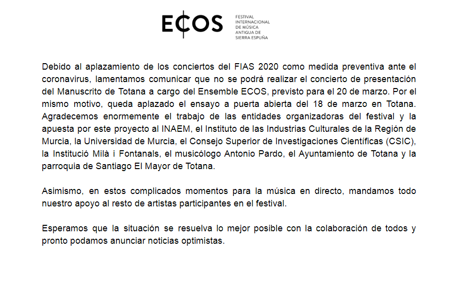 earlymusproject's tweet photo. Debido al aplazamiento del #FIAS2020 como medida preventiva ante el coronavirus, el #EnsembleEcos no podrá presentar el #ManuscritoDeTotana el 20 de marzo. Tampoco se realizará el ensayo a puerta abierta del 18 de marzo en Totana. #YoMeQuedoEnCasa https://t.co/oqWbUvs9E2