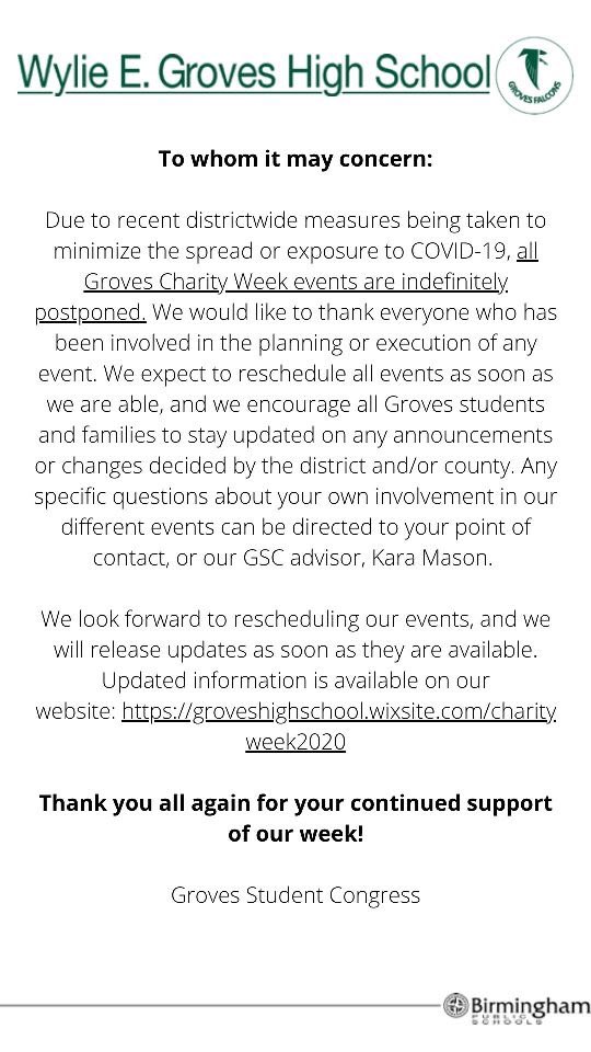 UPDATE: All Groves Charity Week events have been indefinitely postponed. As soon as new dates are available, they will be communicated. Thank you to everyone who has supported our week so far! 💚