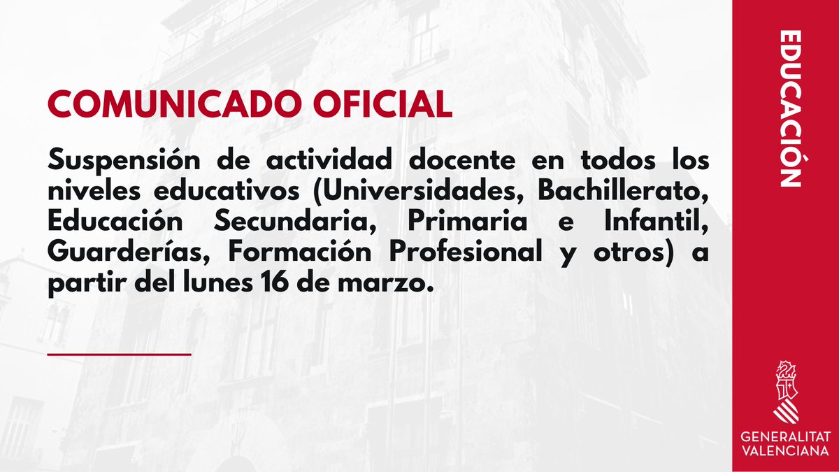 generalitat's tweet photo. [ IMPORTANT ]

❗📚 Suspensió en tots els nivells educatius incloent 𝗘𝗱𝘂𝗰𝗮𝗰𝗶𝗼́ 𝗣𝗿𝗶𝗺𝗮̀𝗿𝗶𝗮 

❗📚 Suspensión en todos los niveles educativos incluyendo 𝗘𝗱𝘂𝗰𝗮𝗰𝗶𝗼́𝗻 𝗣𝗿𝗶𝗺𝗮𝗿𝗶𝗮 https://t.co/6fKfWrdI9b