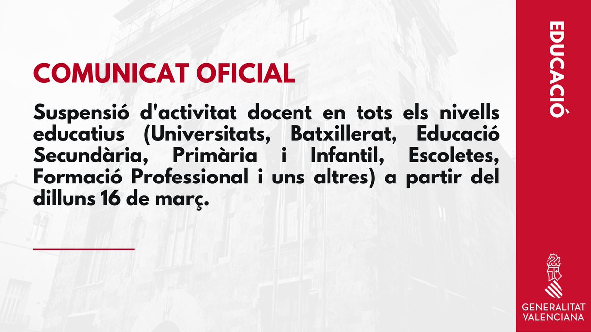 generalitat's tweet photo. [ IMPORTANT ]

❗📚 Suspensió en tots els nivells educatius incloent 𝗘𝗱𝘂𝗰𝗮𝗰𝗶𝗼́ 𝗣𝗿𝗶𝗺𝗮̀𝗿𝗶𝗮 

❗📚 Suspensión en todos los niveles educativos incluyendo 𝗘𝗱𝘂𝗰𝗮𝗰𝗶𝗼́𝗻 𝗣𝗿𝗶𝗺𝗮𝗿𝗶𝗮 https://t.co/6fKfWrdI9b