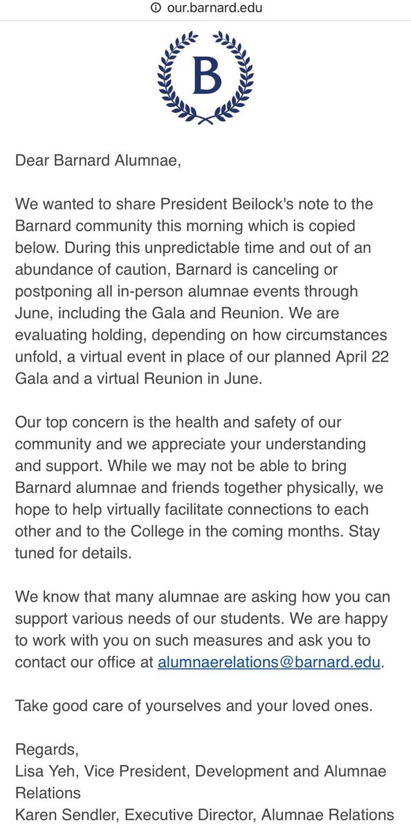 Barnard_1985's tweet photo. Reunion 2020 is one of several events that has been cancelled by the College. 💙 For the complete communique, click here: https://t.co/pq5CY59OGE https://t.co/dkzkH9FS4V