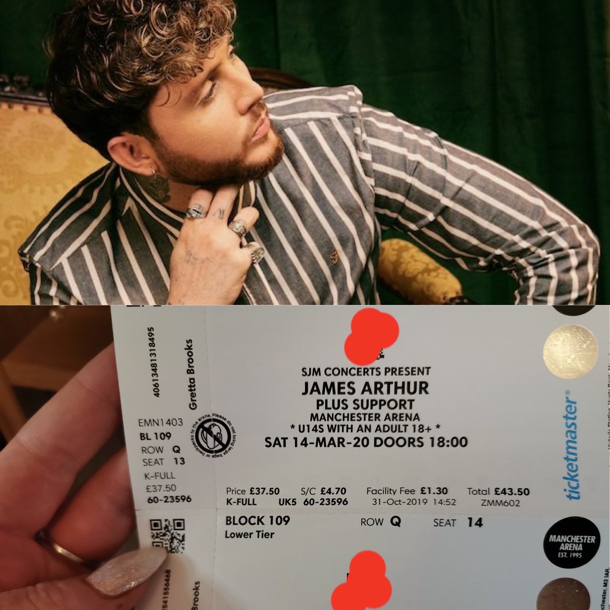 2 x James Arthur, FV, Sat 14th March 2020, Manchester Arena #jamesarthur #sparetickets #tickets
