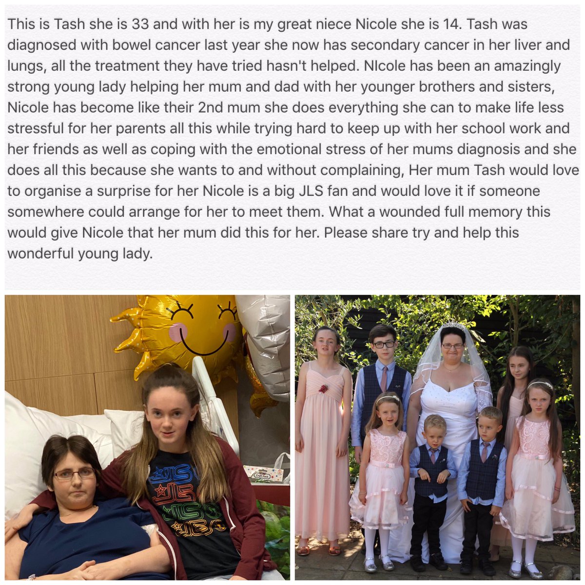 Lynn_BenRoe1's tweet photo. This is my Nephews lovely wife @natasha83643717 she NEEDS our HELP please read the photo @JLSOfficial #jls #jlsreunion #jlsfans #Cancer #bowelcancer #helpmakedreamscometrue #specialmemories https://t.co/PCDtszMUnP