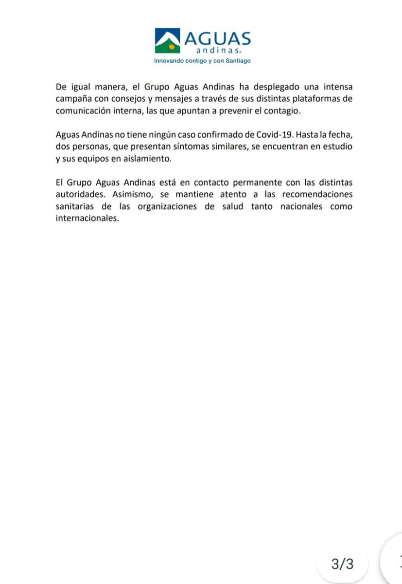 [12 de marzo 16:00 h]: Anunciamos las medidas que hemos tomado para colaborar con el país en la contención del Coronavirus, en resguardo de la salud de nuestros trabajadoras y trabajadores y la continuidad de nuestro servicio. Más información aquí: bit.ly/2ITQLhX