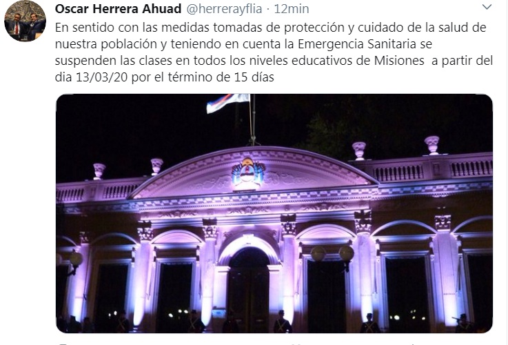 .<a href="/herrerayflia/">Oscar Herrera Ahuad</a>. Y precisó: “En sentido con medidas tomadas de protección y cuidado de la salud de la población y por la Emergencia Sanitaria se suspenden las clases en todos los niveles educativos a partir del dia 13/03/20 por el término de 15 días”.
noticiasdel6.com/emergencia-san…