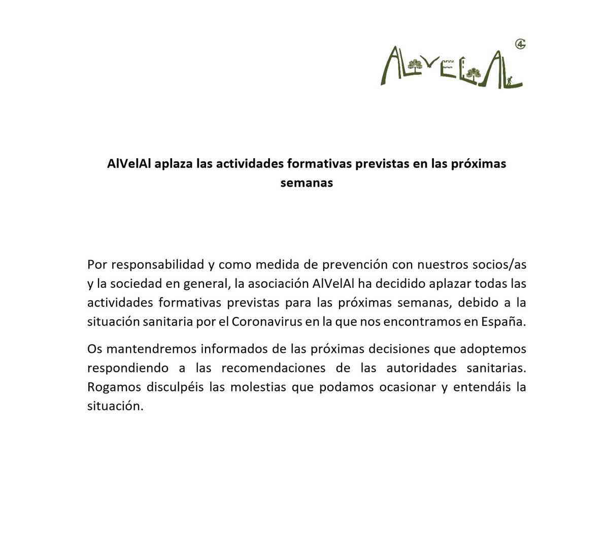 AlVelAl_4R's tweet image. Por responsabilidad y prevención, cancelamos los próximos talleres previstos. Esperamos vuestra comprensión. Seguiremos informando.