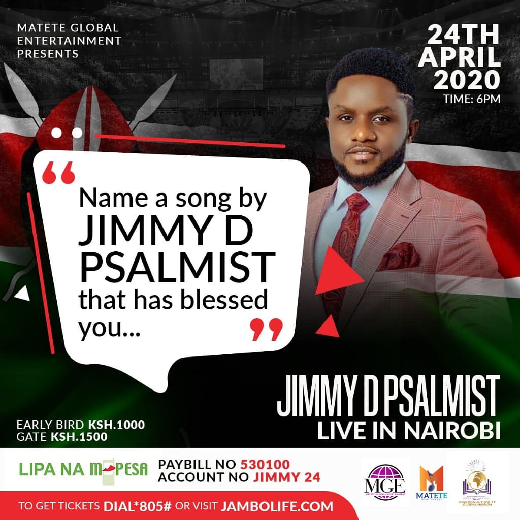 MateteSchool's tweet photo. @jimmydpsalmist live in Nairobi 🕺

Book your early bird ticket at 1000ksh NOW! Dial *805# or visit https://t.co/WtLZlSqS2D

LIPA NA MPESA 
Paybill : 530100
Acc No : JIMMY24

Which song has been a blessing to you so far?
#JimmydPsalmistinNairobi https://t.co/3a7usaEXnI