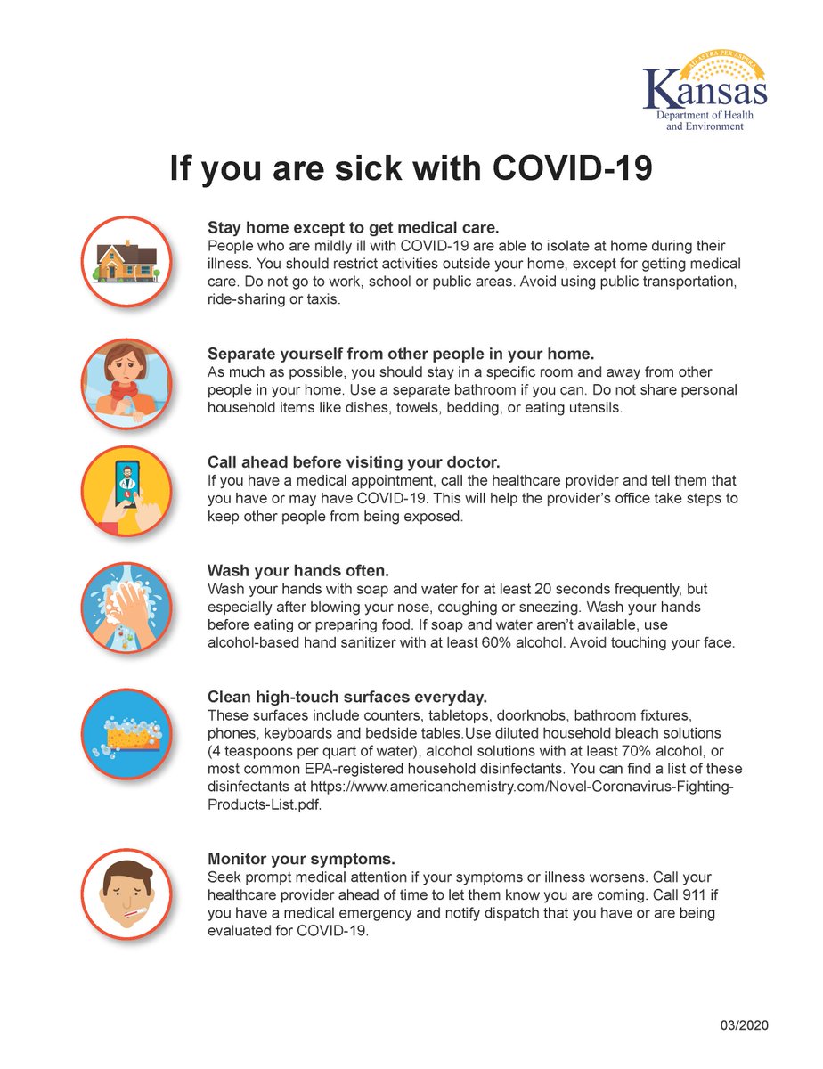 Here is some KS Dept. of Health info on what to do if you are sick with Covid-19 and how to stop the spread. And the Douglas County Health Dept. has important information on the topic at this link: ldchealth.org/442/COVID-19-2… <a href="/LDCHEALTH/">Lawrence-Douglas County Public Health</a> <a href="/KDHE/">KDHE</a>