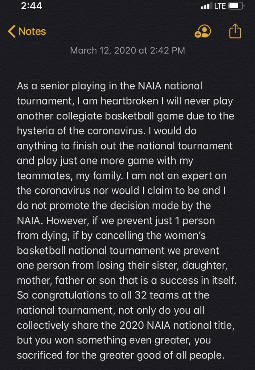 Thoughts on the NAIA’s decisions to cancel the national tournament from a player: <a href="/NAIA/">NAIA</a> <a href="/cunebulldogs/">Concordia Bulldogs</a> <a href="/CUNEwbb/">Concordia-NE WBB</a>