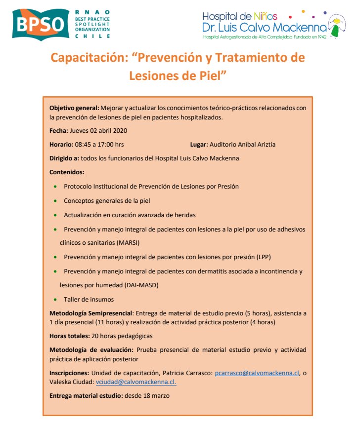 El 2 de Abril realizaremos la Capacitación "Prevención y tratamiento de Lesiones de Piel" dirigida a todos los funcionarios del Hospital Dr. Luis Calvo Mackenna. Las inscripciones se realizan en la Unidad de Capacitación......los estaremos esperando!!!! <a href="/DorisGrinspun/">Dr. Doris Grinspun 🇨🇦 RN, PhD, FAAN, O.ONT</a> <a href="/BpsoCl/">BPSO HEGC</a>