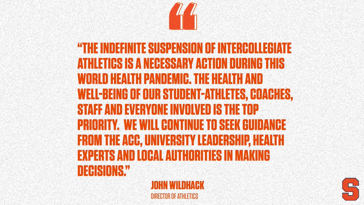 In accordance with the Atlantic Coast Conference Syracuse University has suspended all athletic activities.