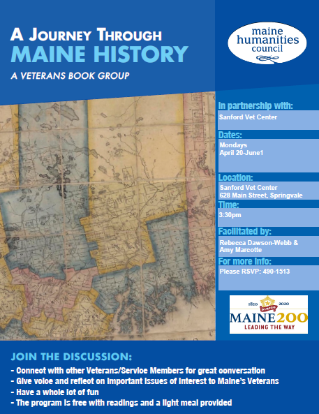 I'm thinking about a FREE Veterans Book Group...I know of one in Springvale...are you interested? Materials will be provided at the first meeting on April 20. Call to RSVP 207-790-1513...or...FMI: contact Amy.marcotte@va.gov