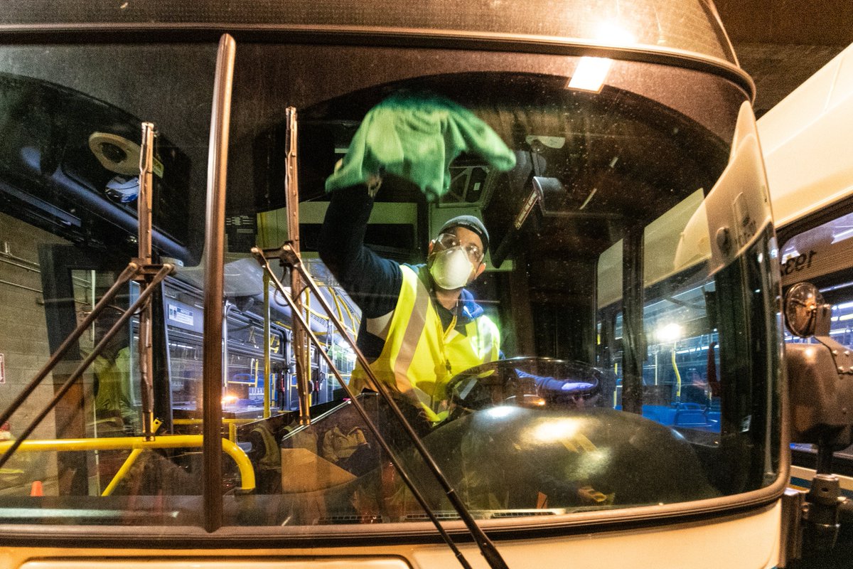 MBTA's tweet photo. On top of routine cleaning, all buses & trains are disinfected nightly before service. Crews clean vehicles, wipe-down touch points with disinfectant wipes, & spray disinfecting mist throughout. This is just one part of our comprehensive efforts to curb the spread of COVID-19. https://t.co/GWsaC196Ec