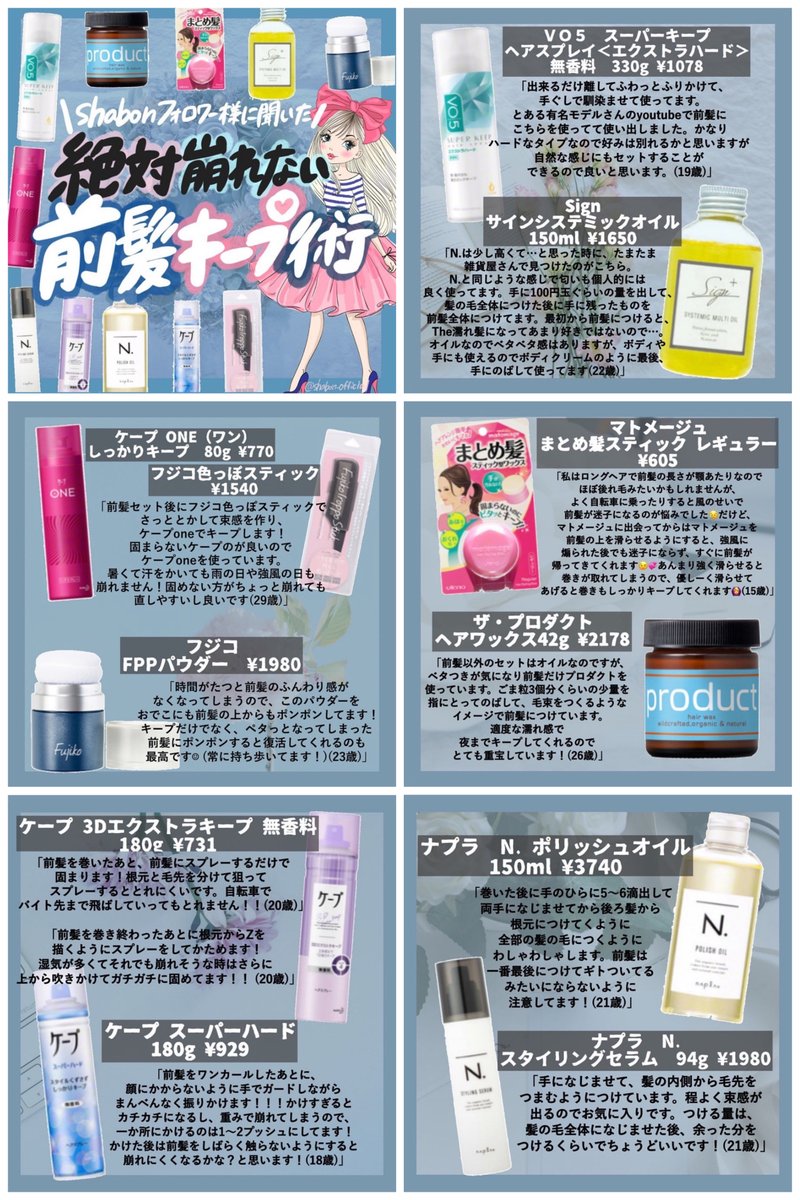 Shabon 公式 V Twitter 前髪 いっつも崩れちゃう そんなお悩みにこちらをどうぞ 前髪キープに使っているアイテムと使い方をフォロワーさまにお聞きしてまとめました Prじゃないやつ Shabon買い Shabon 公式 V Twitter 前髪 いっつも崩れちゃう そんなお悩みにこちらをどうぞ 前髪キープに使っているアイテムと使い方をフォロワーさまにお聞きしてまとめました Prじゃないやつ Shabon買い