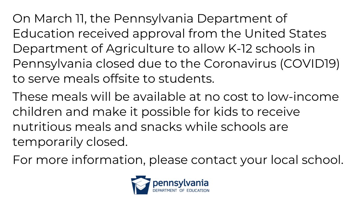 If schools in Pennsylvania close due to #COVID19, meals can continue to be served ⤵️