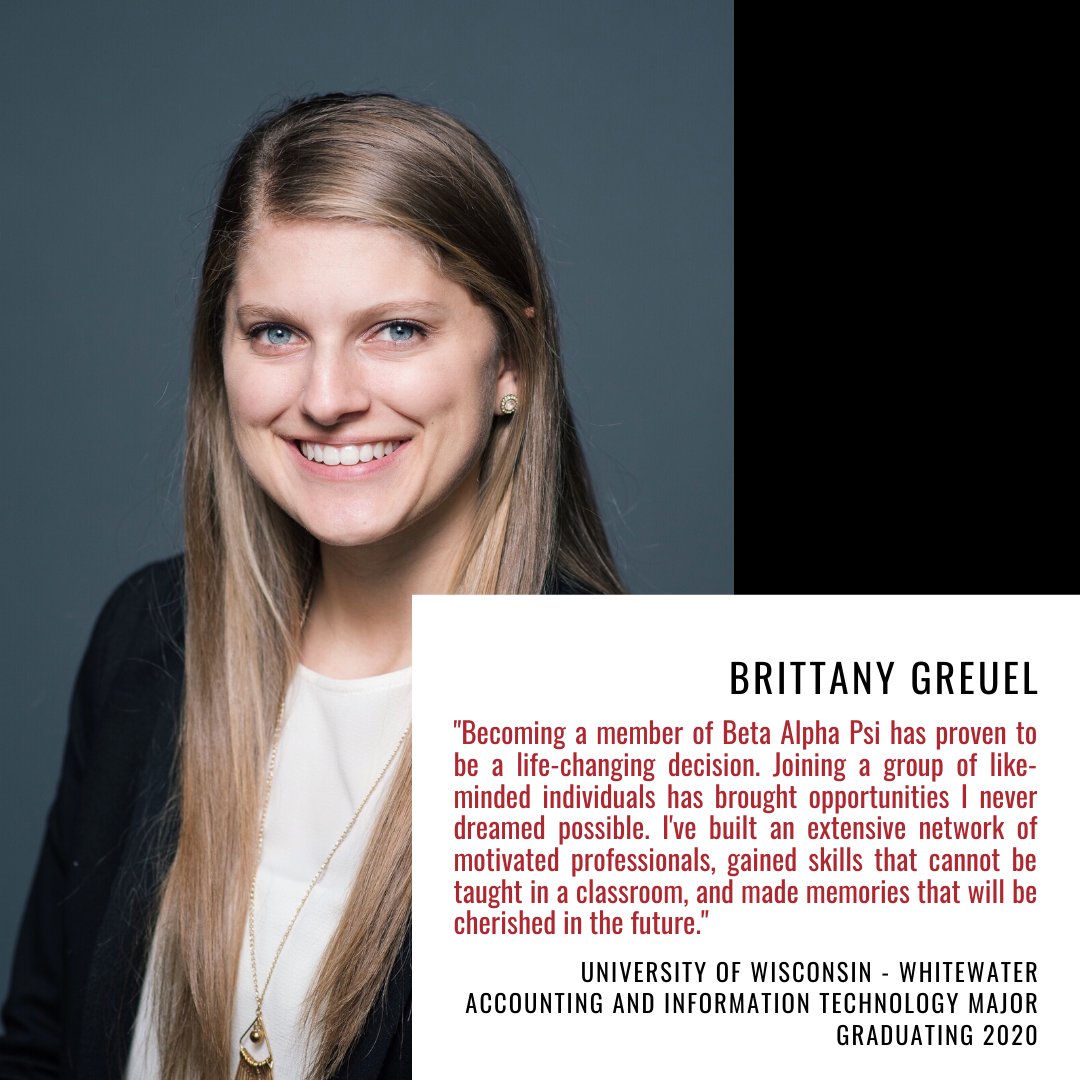 _BetaAlphaPsi's tweet photo. Throughout the year we will be spotlighting some of our Beta Alpha Psi student members! Today we are spotlighting Brittany Greuel. Be sure to follow along with #BAPStudentSpotlight https://t.co/lkpojxD3Tm