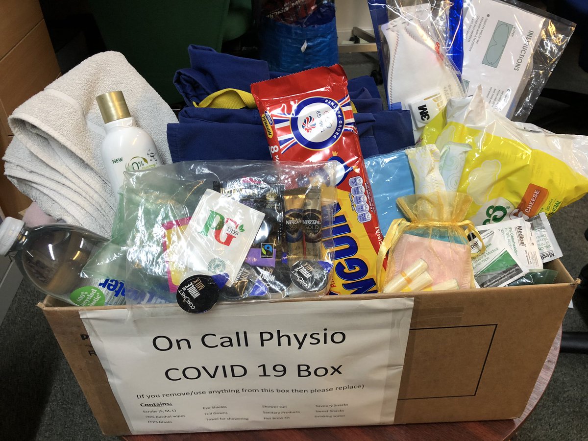 NHSRachaelM's tweet photo. Our #Covid_19 #OnCall #Respiratory #Physio ‘Just in Case’ Box contains:
Scrubs
PPE
Alcohol wipes
Sanitary products
Hot brew bag
Sweet & Savoury snacks
Shower kit
Drinking water
#NHS #Planning
And The #OnCall #Respiratory Guidance Document ⬇️
https://t.co/FovoYUC40D https://t.co/XN8sZ9BR8f