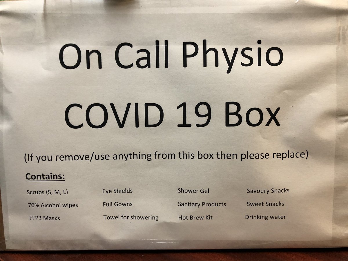 NHSRachaelM's tweet photo. Our #Covid_19 #OnCall #Respiratory #Physio ‘Just in Case’ Box contains:
Scrubs
PPE
Alcohol wipes
Sanitary products
Hot brew bag
Sweet & Savoury snacks
Shower kit
Drinking water
#NHS #Planning
And The #OnCall #Respiratory Guidance Document ⬇️
https://t.co/FovoYUC40D https://t.co/XN8sZ9BR8f