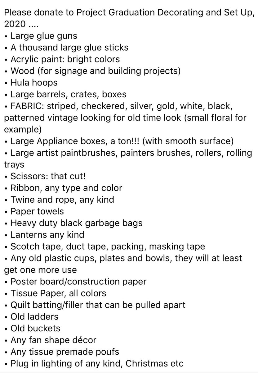 Its that time of year again
#PG2020 is looking for donations for the graduation event celebrating our graduating seniors. Items can be dropped at 16 Church Street. Donation bin will be on the back side porch.
Please donate to Project Graduation Decorating &amp; SetUp. See image below
