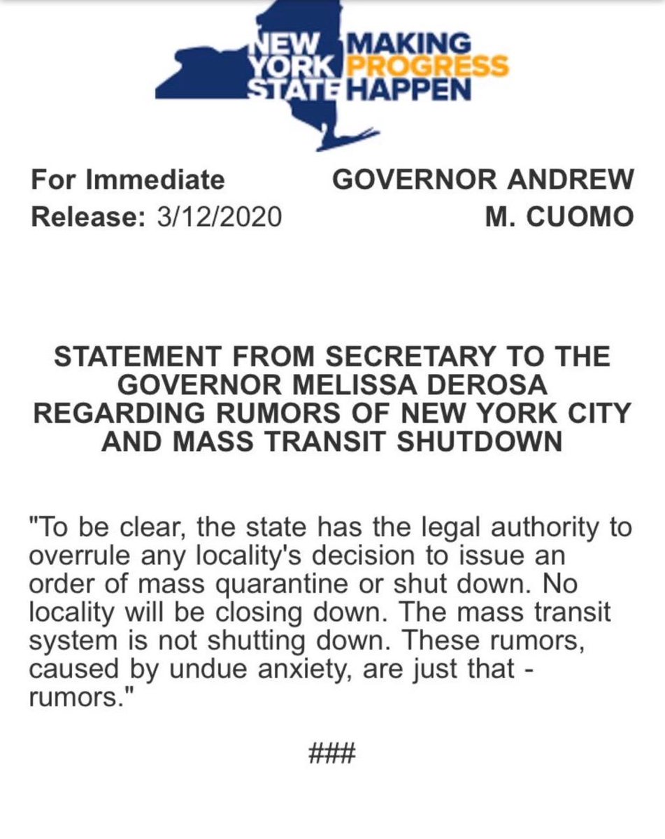 Granddaughter in #NYC texted quarantine this weekend; lessening amt of subway traffic & only emergency vehicles on roads for the weekend. She & friends were in panic mode! Then she finds this memo from office of .@GovAndrewCuomo trying to stop the panic. #coronavirus NOT A PANIC!